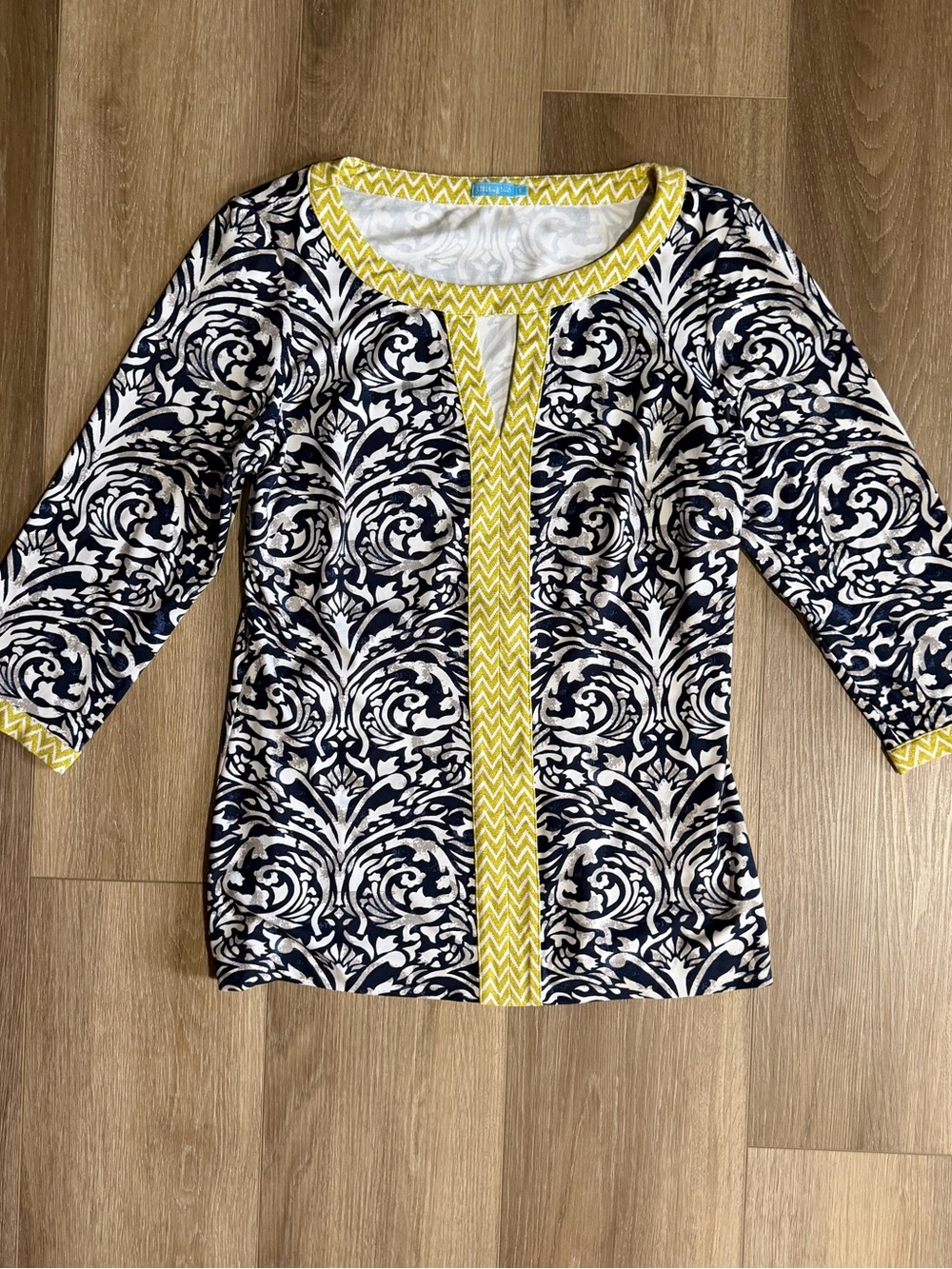 J. McLaughlin Navy, Lime and White Printed Tunic with Yellow Trim